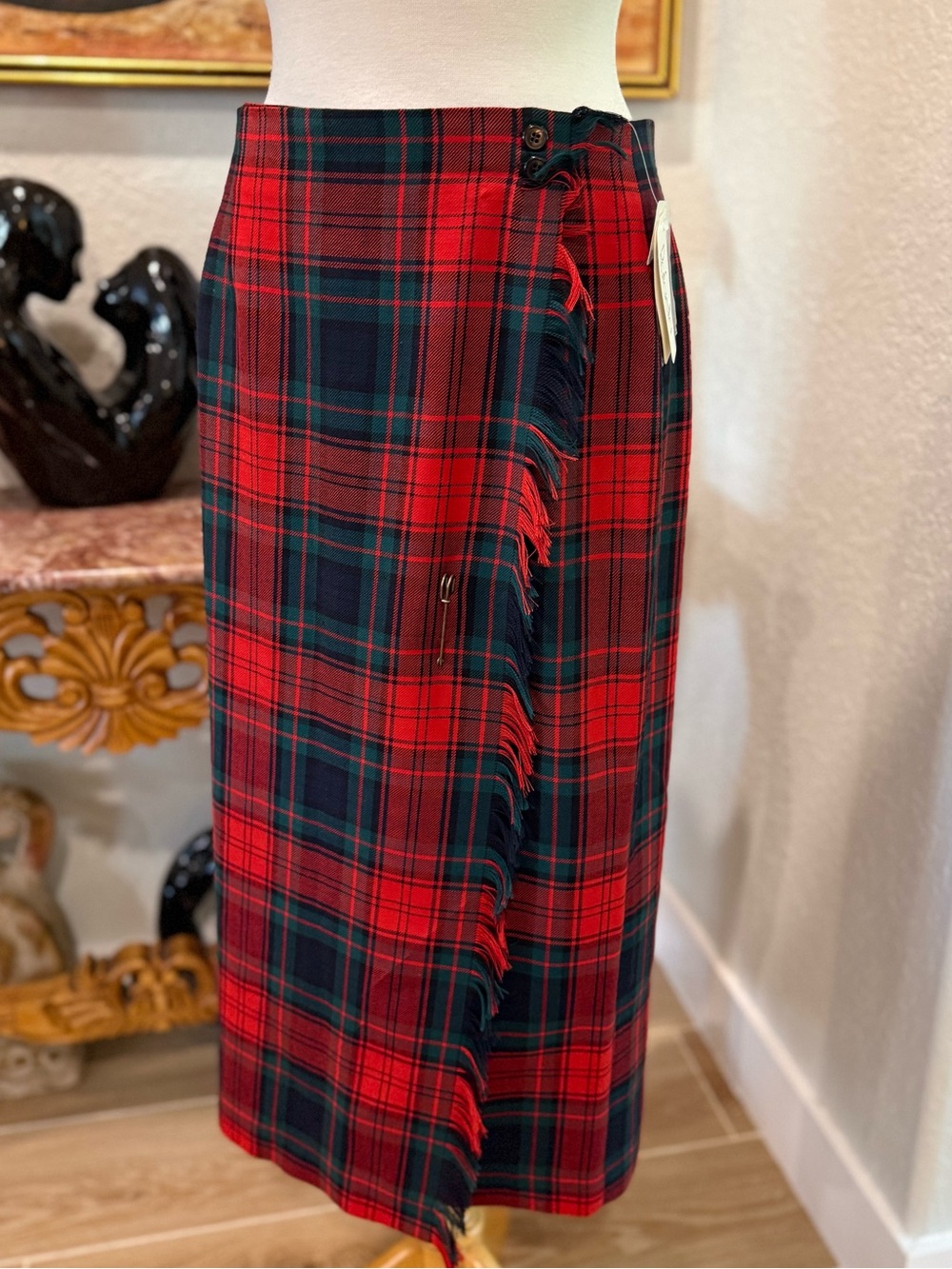 NWT Vintage Rafaella 100% Wool Red and Dark Green Plaid Midi Wrap Skirt